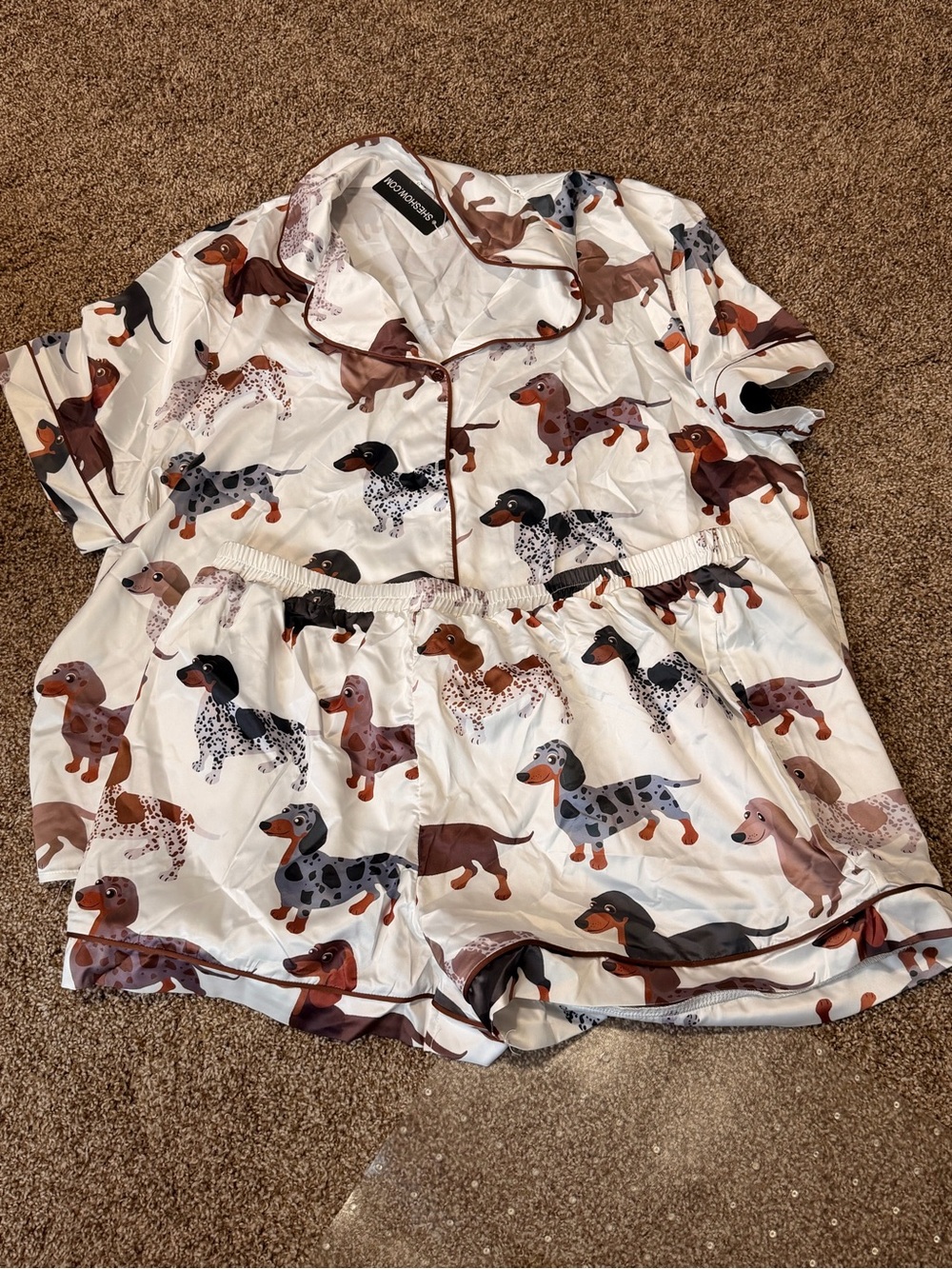 Dachshund Print Satin Pajama shorts Set - White with Brown & Black Dogs